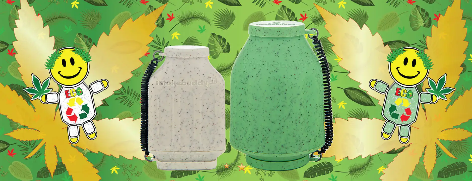 Two Smokebuddy personal air filters on green cannabis leaf background with cartoon Eco mascot characters
