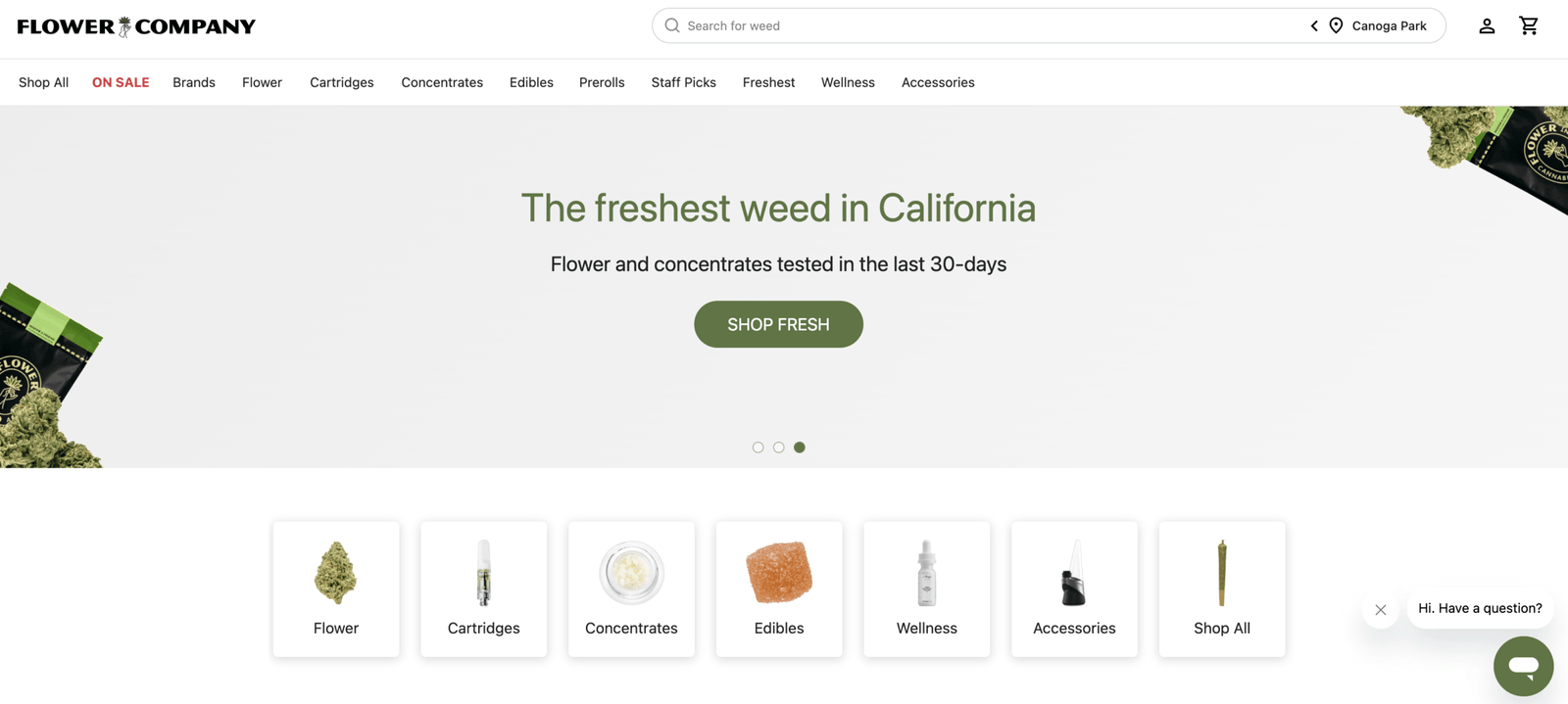 Flower Company online cannabis shop homepage showing freshest weed in California banner and category tiles