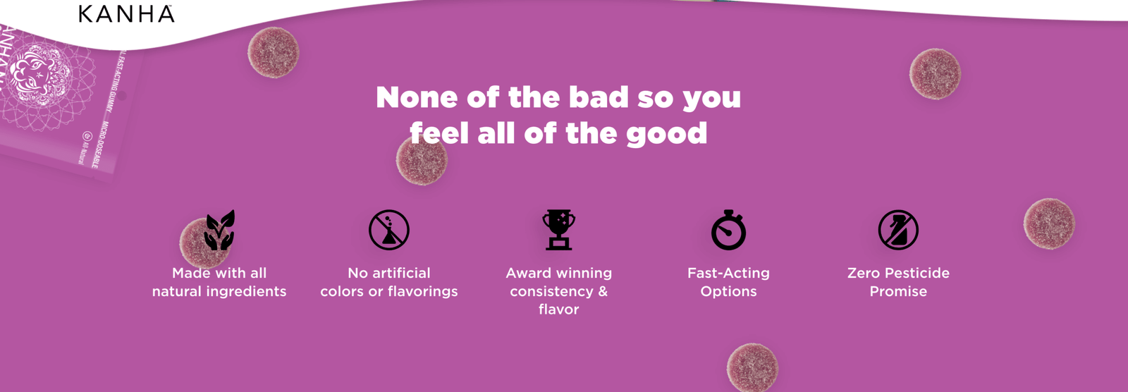 Purple Kanha gummies marketing graphic listing natural ingredients and zero pesticide promise icons