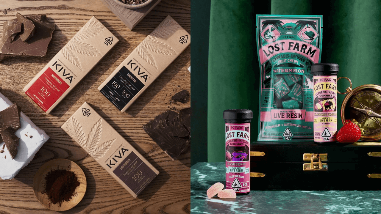 Kiva cannabis chocolate bars beside Lost Farm watermelon fruit chew pouch and brass compass