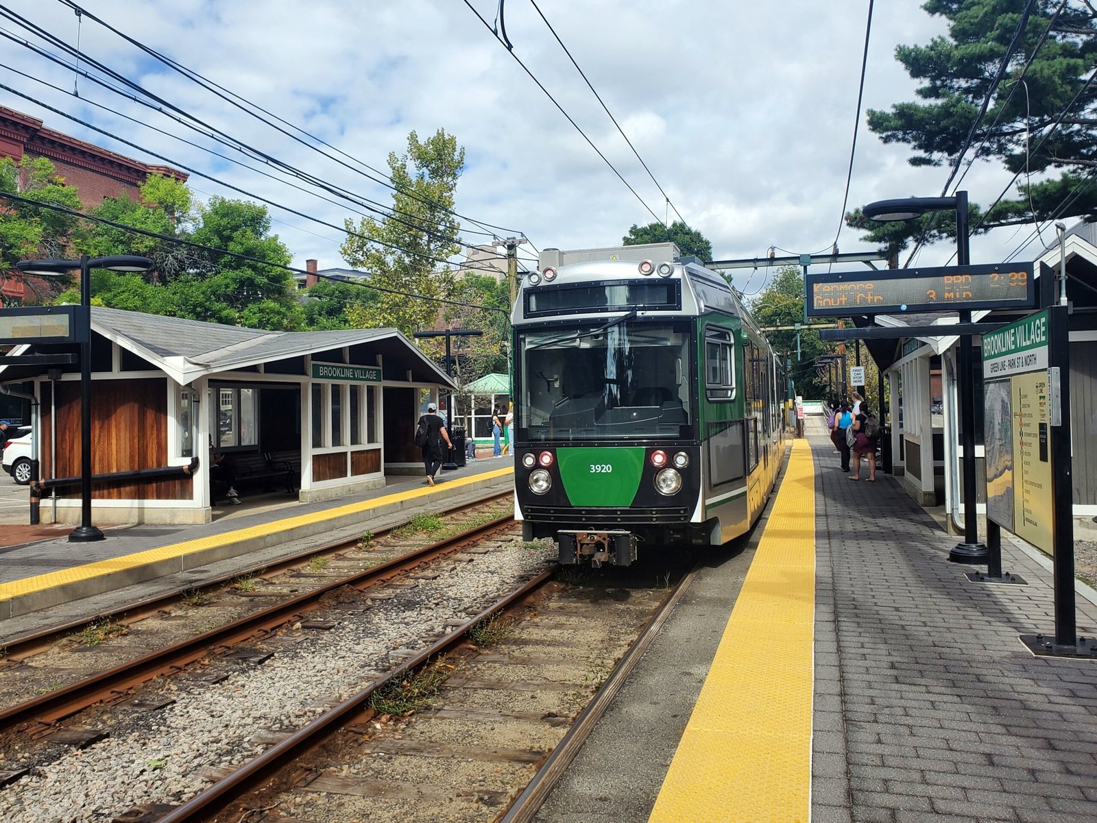 Inbound Green Line D train at Brookline Village MBTA station, the closest transit stop to NETA Brookline