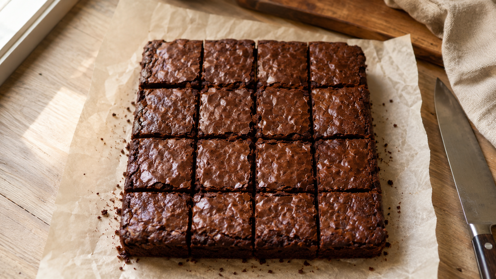 Tray of fudge hash brownies cut into sixteen squares cooling on parchment paper with a chef's knife and linen towel on a wooden kitchen counter