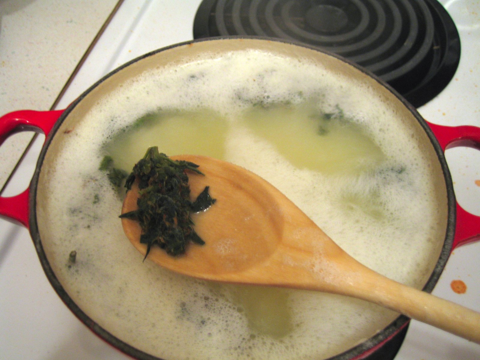 Cannabis flower being stirred into melted butter and water in a red enameled pot, demonstrating stovetop infusion as an alternative to slow cooker