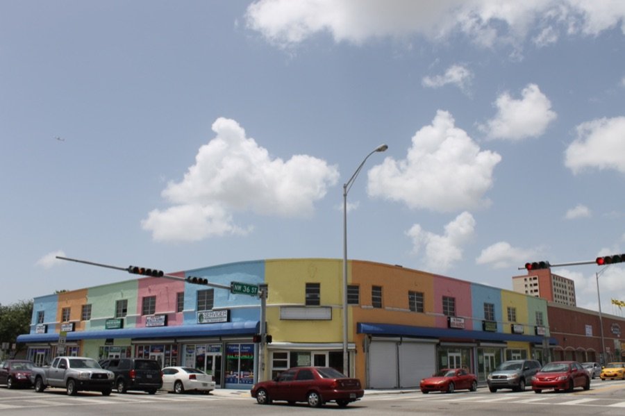 Colorful storefronts on NW 36 Street in the Allapattah neighborhood of Miami Florida near Trulieve Miami dispensary