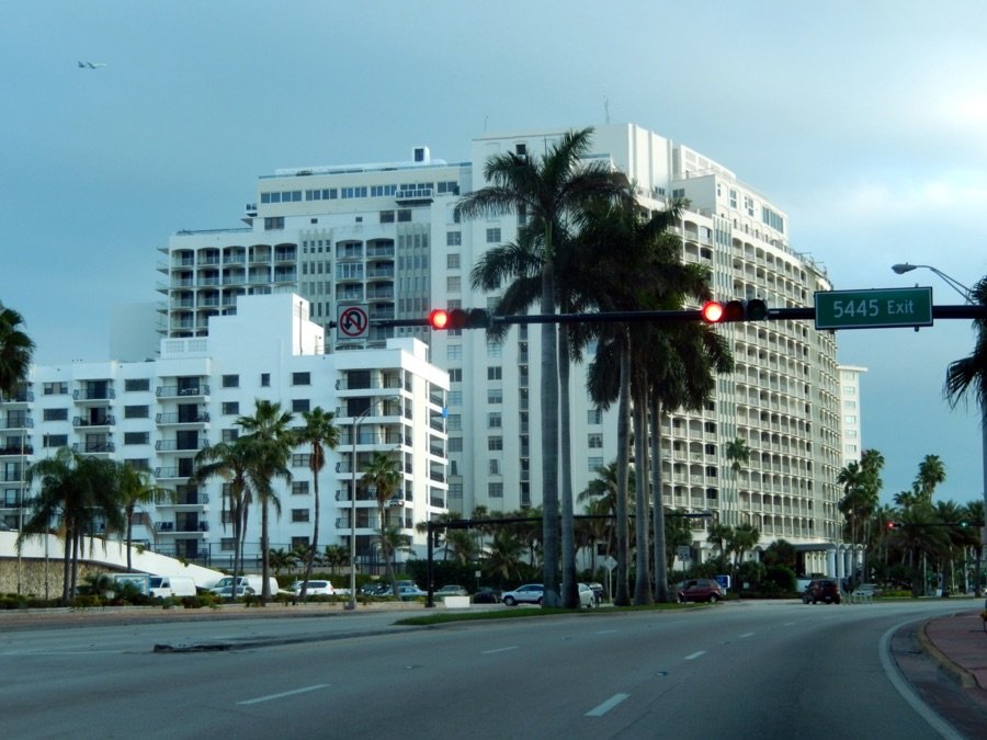 Collins Avenue in Miami Beach Florida with palm trees and Art Deco buildings near Curaleaf Miami South Beach
