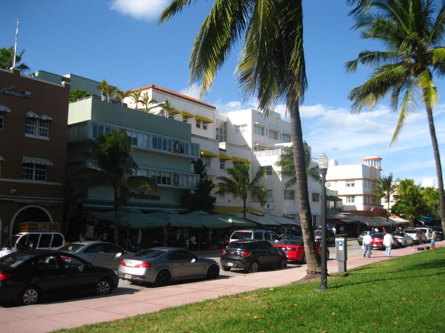 Pastel Art Deco hotels on Ocean Drive in South Beach Miami two blocks east of the Sunburn Cannabis flagship dispensary on Alton Road