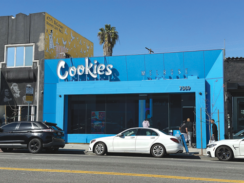 Cookies dispensary blue storefront at 7569 Melrose Avenue in Los Angeles