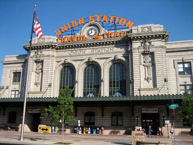 Denver Union Station historic Beaux-Arts terminal building at twilight in LoDo