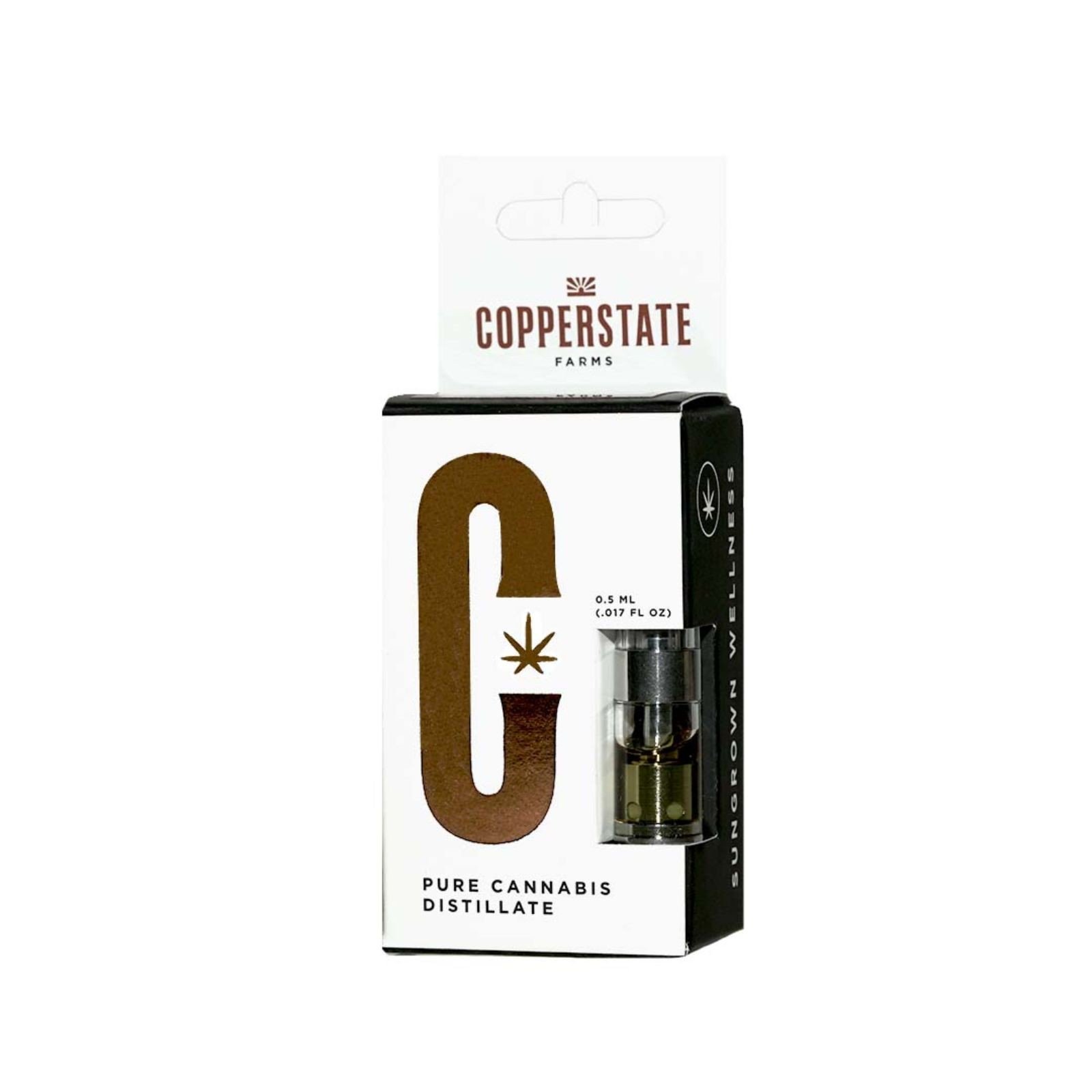 Copperstate Farms Sungrown Wellness pure cannabis distillate cartridge in branded white box with copper C logo