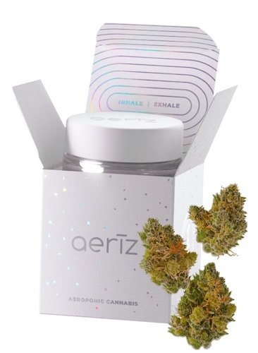 Aeriz aeroponic cannabis flower jar with bud display in white iridescent box