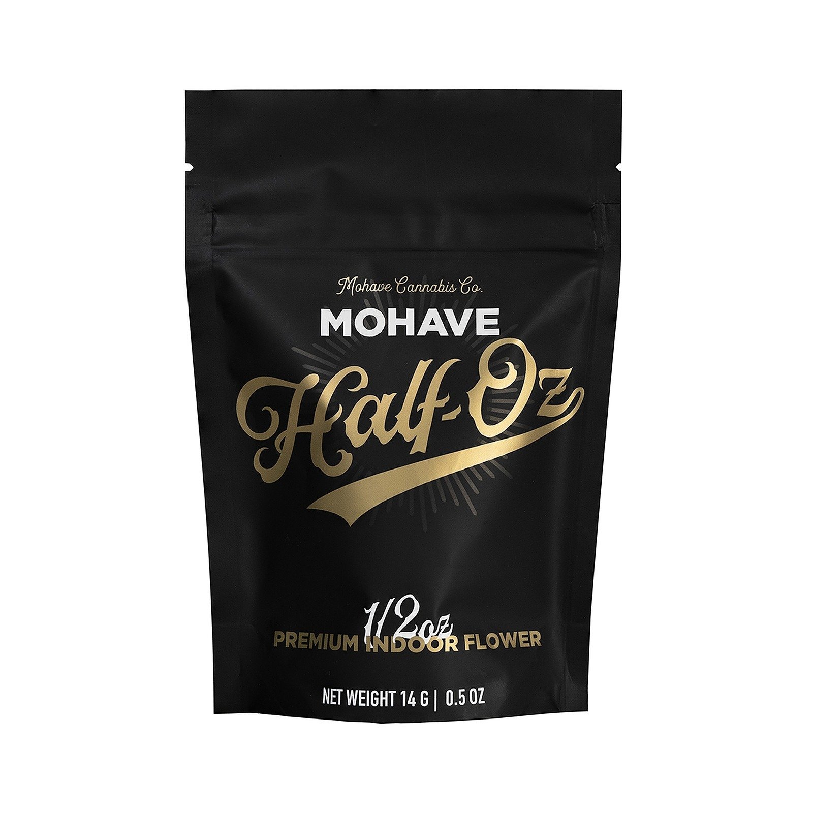 Mohave Cannabis Co. Half-Oz premium indoor flower bag in matte black with gold script branding