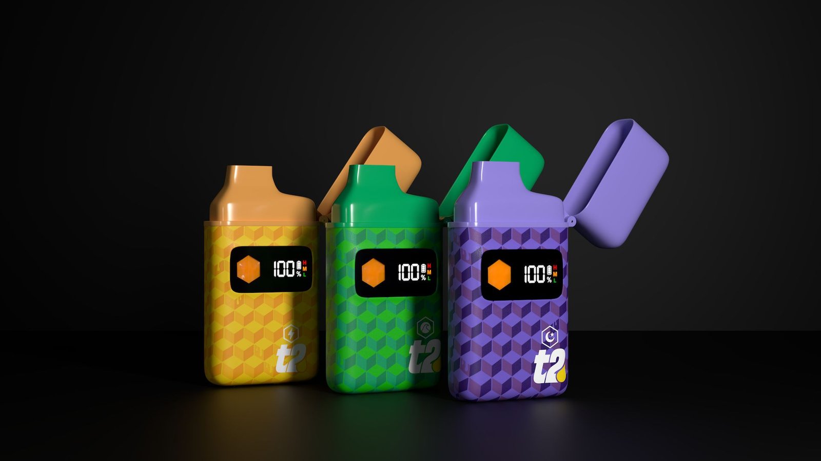 Timeless Vapes T2 AIO 2-gram rechargeable disposable vaporizer trio in yellow green and purple