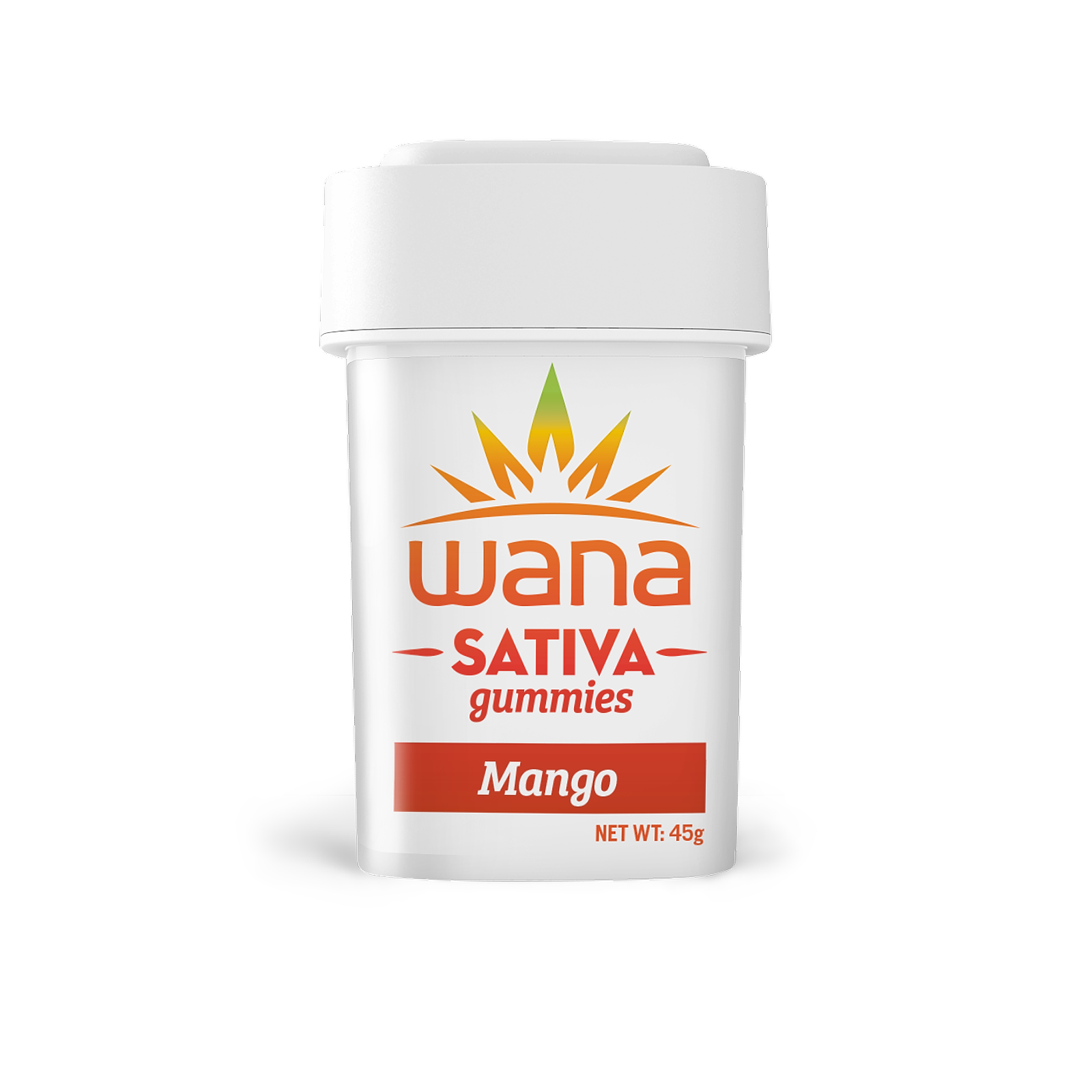 Wana Quick Sativa mango gummies tin with white cap and orange branding