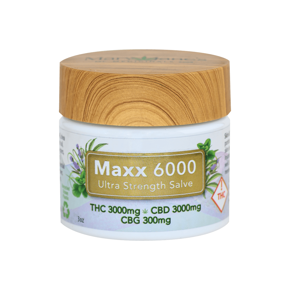 Mary Janes Medicinals Maxx 6000 Ultra Strength Salve jar with herbs and wood-grain lid