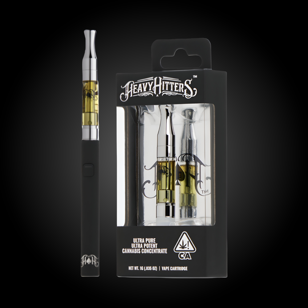 Heavy Hitters Ultra 1g extract vape cartridge in black and gold display box