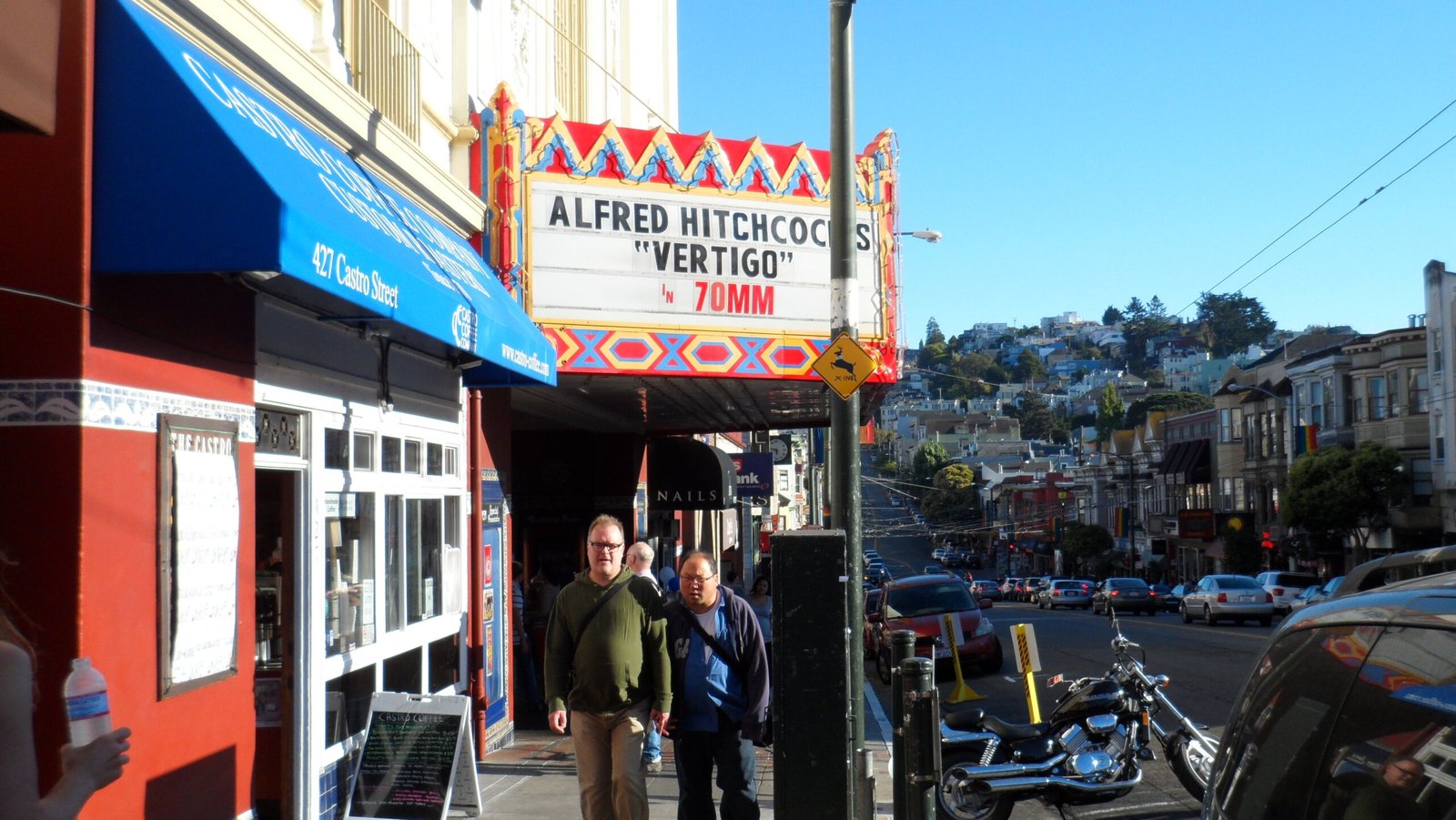 Castro Theatre marquee on Castro Street in San Francisco showing an Alfred Hitchcock Vertigo screening near The Apothecarium Castro dispensary