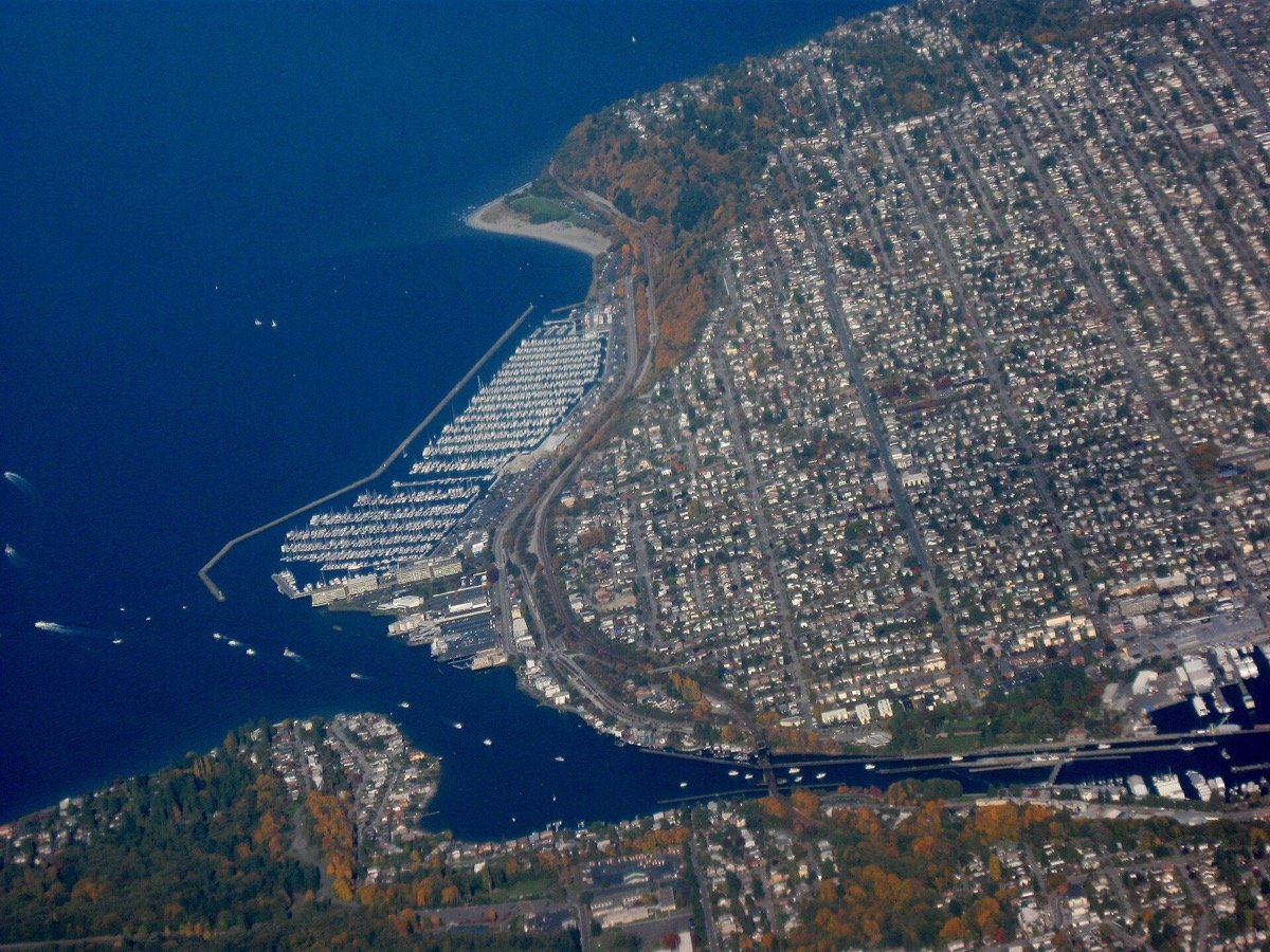 Aerial view of the Ballard neighborhood in Seattle near Dockside Cannabis Ballard on Leary Way NW