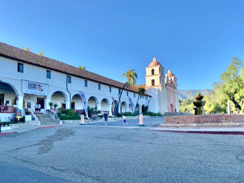 Old Mission Santa Barbara facade on Laguna Street near The Farmacy on West Mission Street, the locally-founded boutique cannabis dispensary four blocks south of the Old Mission.
