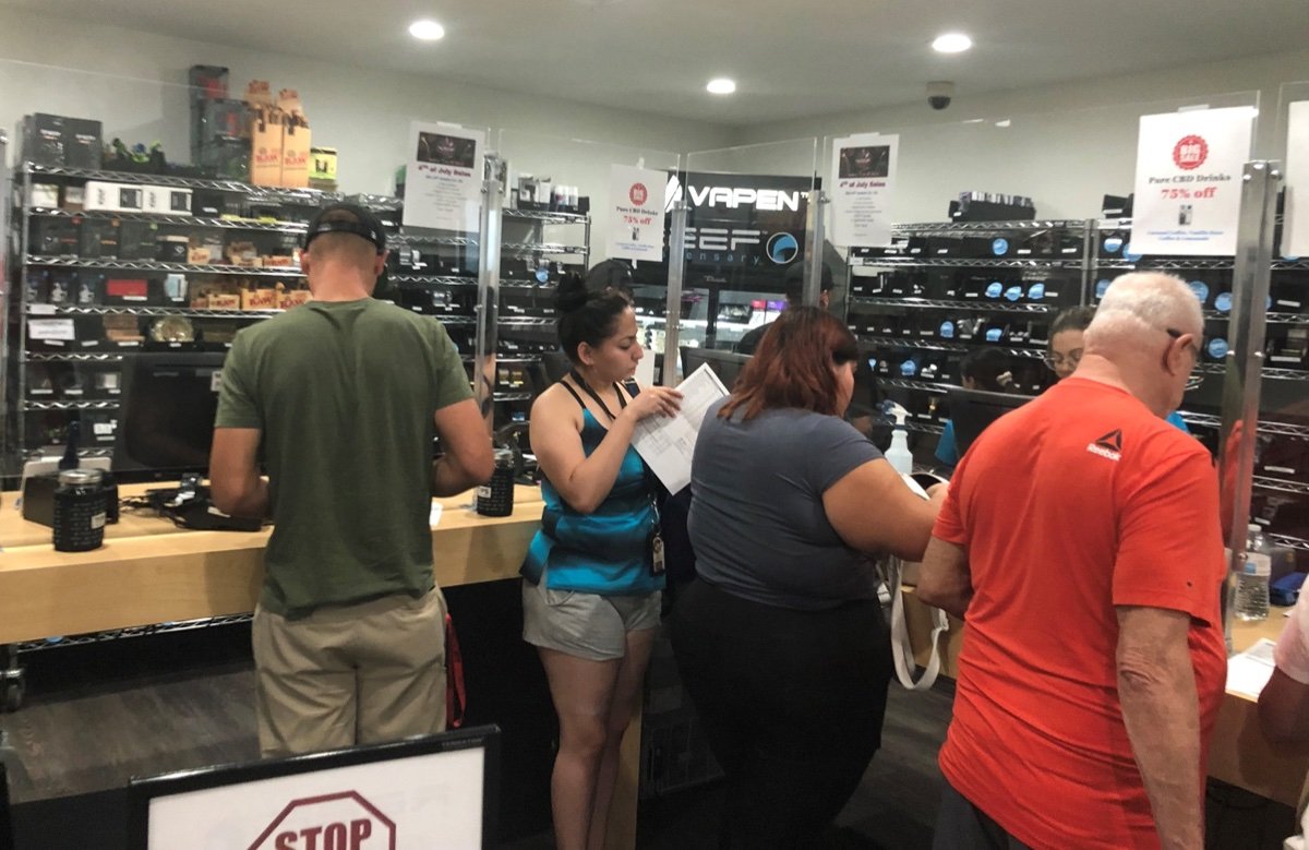 The interior of a licensed Nevada cannabis dispensary, illustrating the boutique counter format Jardin runs on East Desert Inn Road in Las Vegas.
