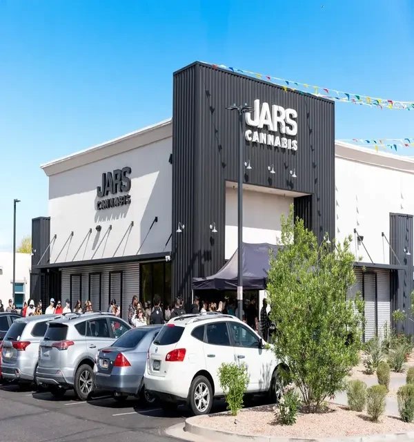 JARS Cannabis storefront with branded signage and AZ desert landscaping