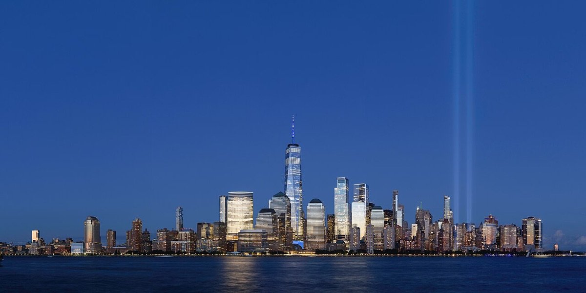 Lower Manhattan skyline at dusk seen from across the Hudson River