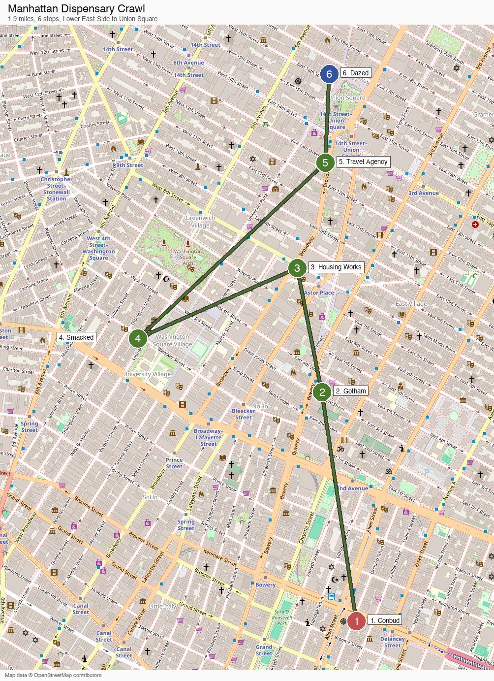 Map of the six-stop Manhattan dispensary crawl from Conbud on the Lower East Side to Dazed at Union Square