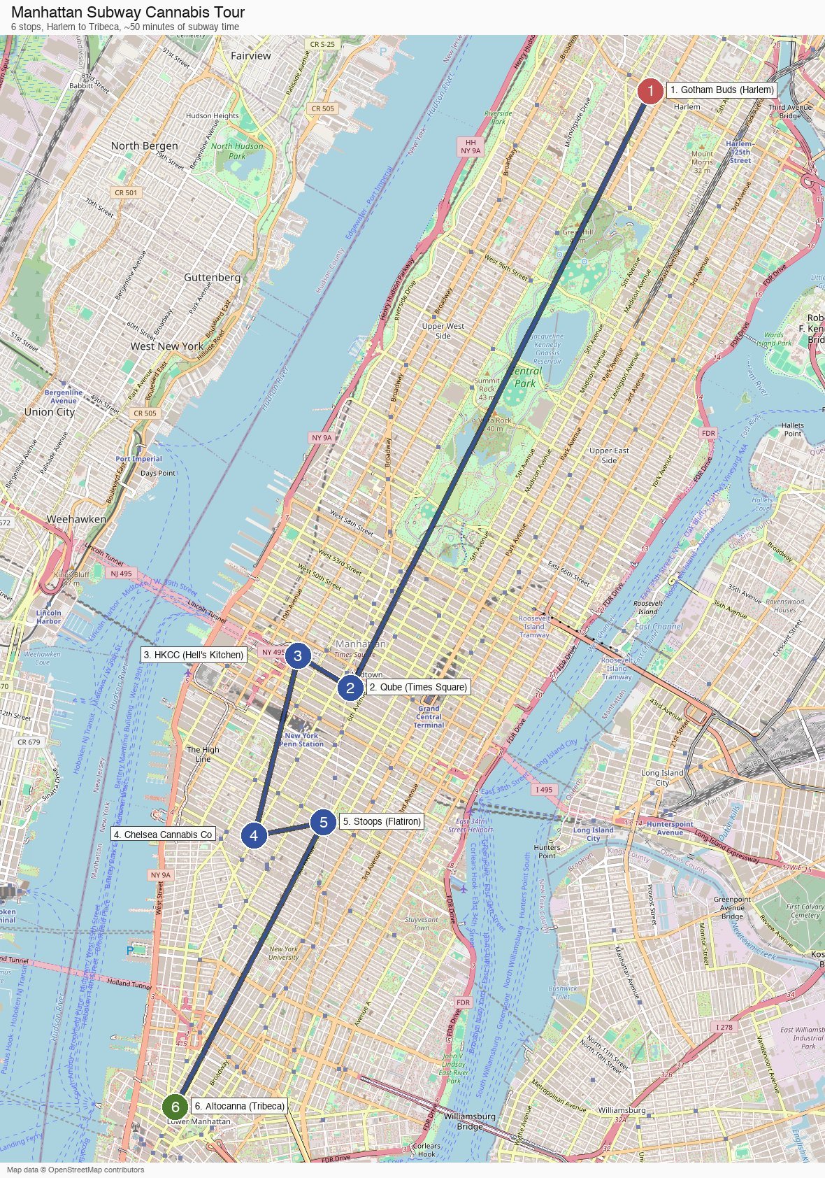 Map of the six-stop Manhattan subway cannabis tour, from Gotham Buds in Harlem south to Altocanna in Tribeca