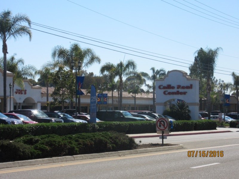 Calle Real shopping corridor in Goleta near Off the Charts Goleta dispensary, the only licensed cannabis storefront operating inside Goleta city limits.