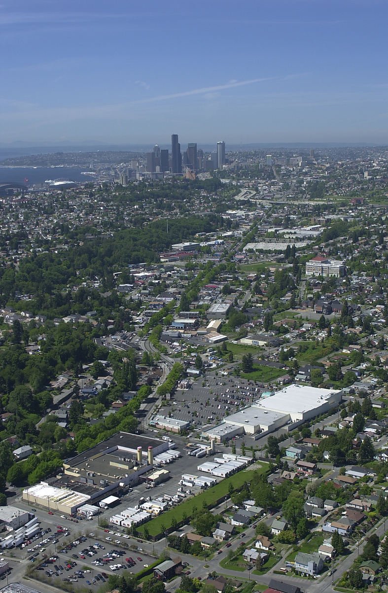 Aerial view of Rainier Avenue South corridor in Seattle Washington looking south through the Rainier Valley neighborhood