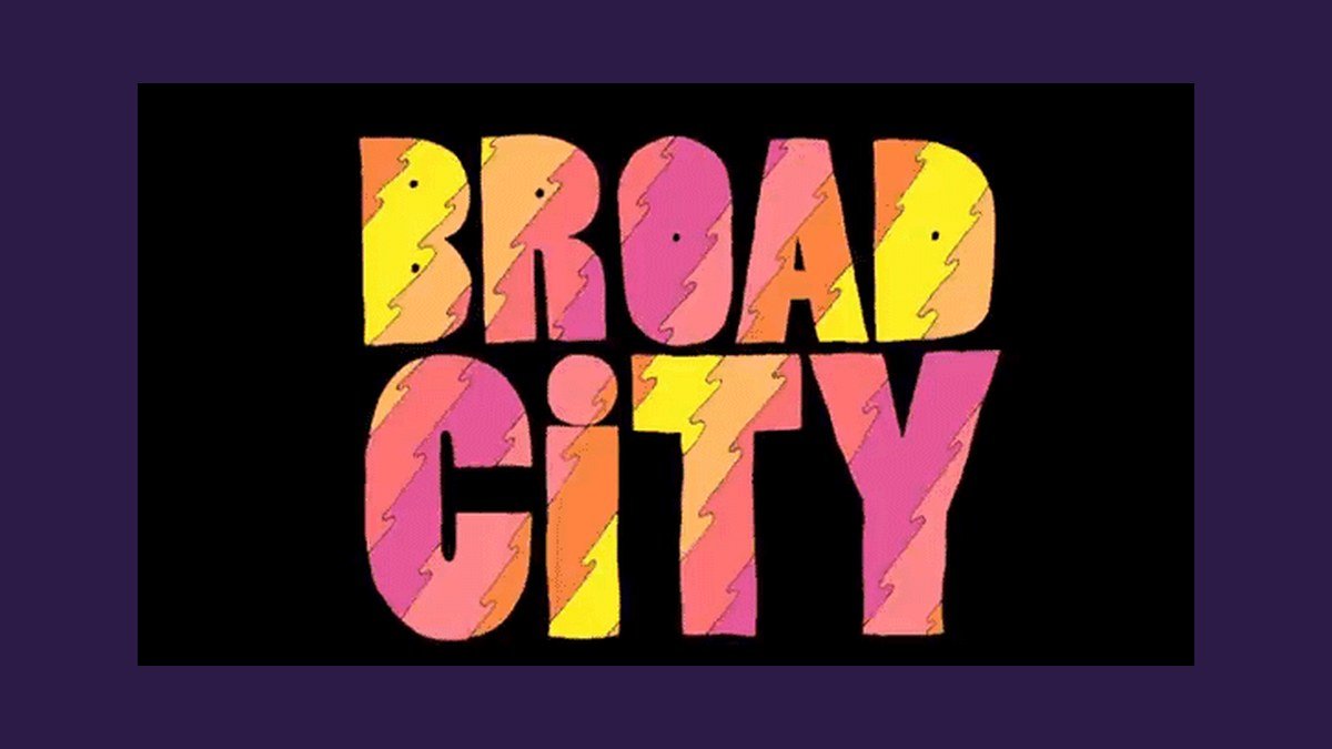 Broad City Comedy Central title card on a deep purple backdrop