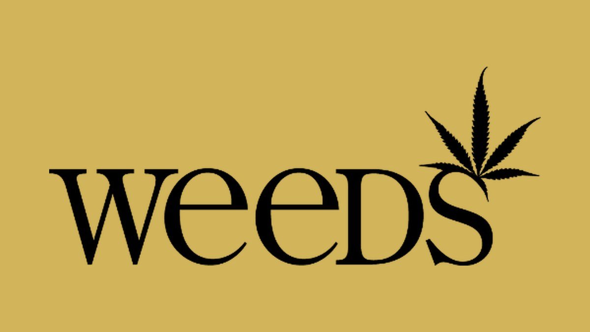 Weeds Showtime logo with a cannabis leaf on a mustard yellow backdrop
