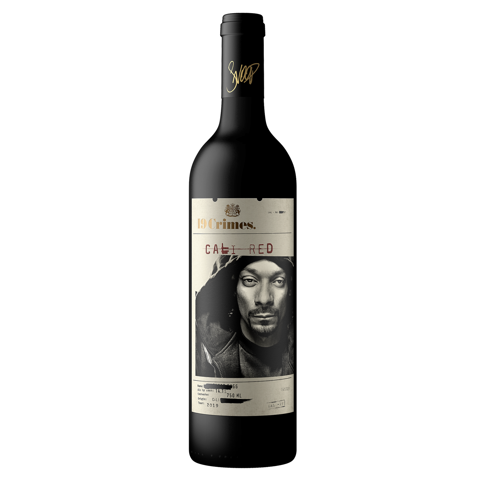 19 Crimes Cali Red wine bottle featuring Snoop Dogg's portrait on the label, the augmented-reality wine partnership with Treasury Wine Estates launched in 2020