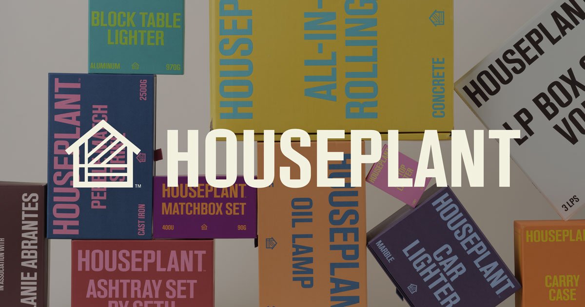 Houseplant packaging stack with the brand's table lighters, ashtray sets, matchbox sets, and rolling papers