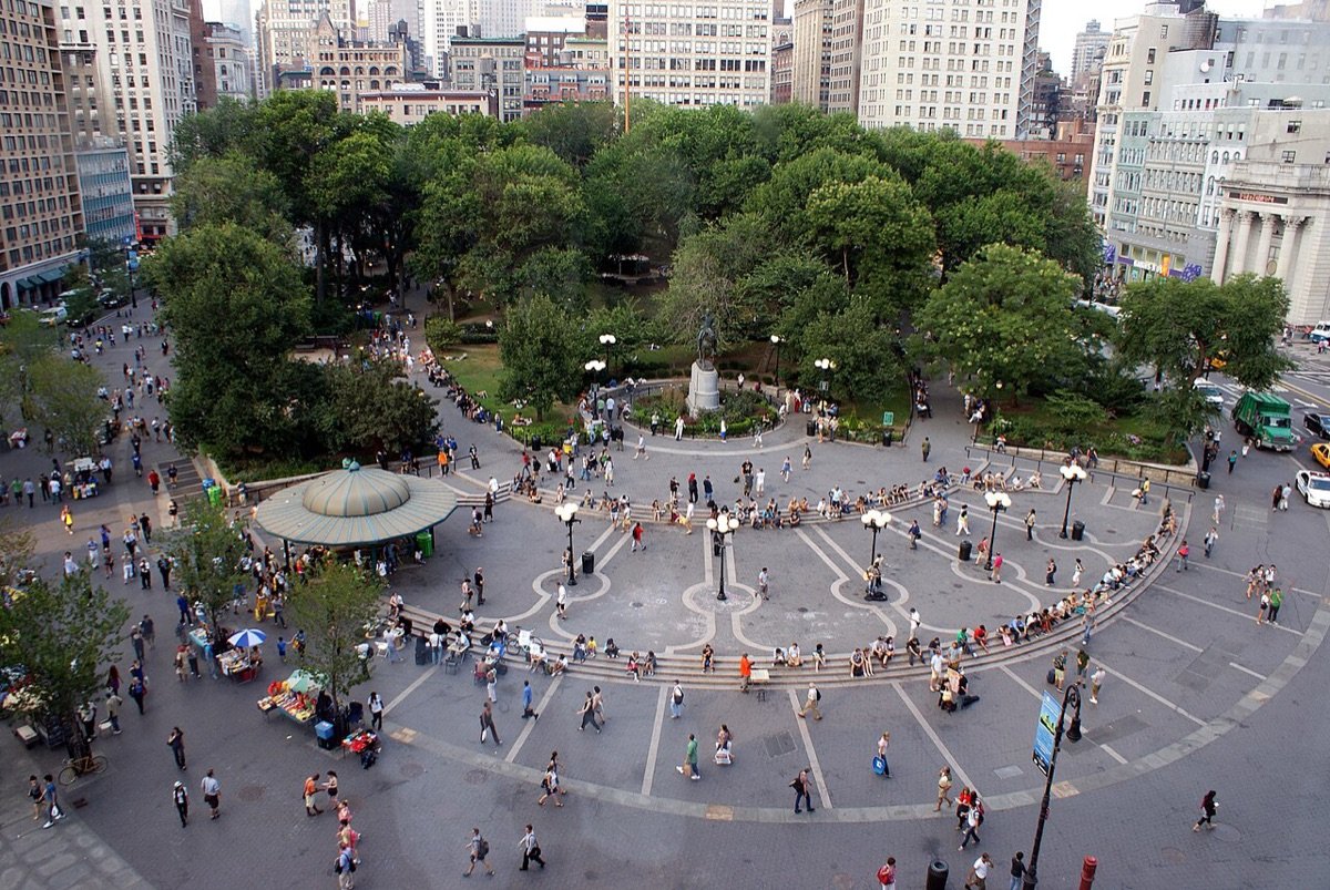 Union Square Manhattan with park and surrounding storefronts