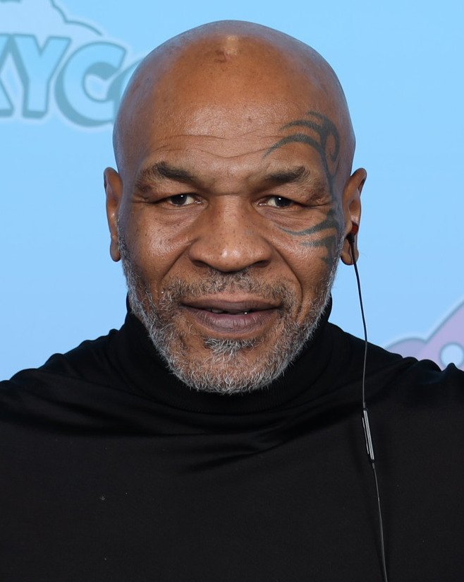 Mike Tyson at GalaxyCon 2023, the 59-year-old former heavyweight champion who fronts the Tyson 2.0 cannabis brand and Mighty Bites gummy line