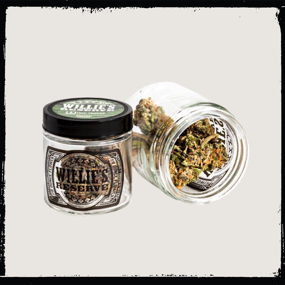 Willie's Reserve cannabis flower jars in the brand's black-label western packaging