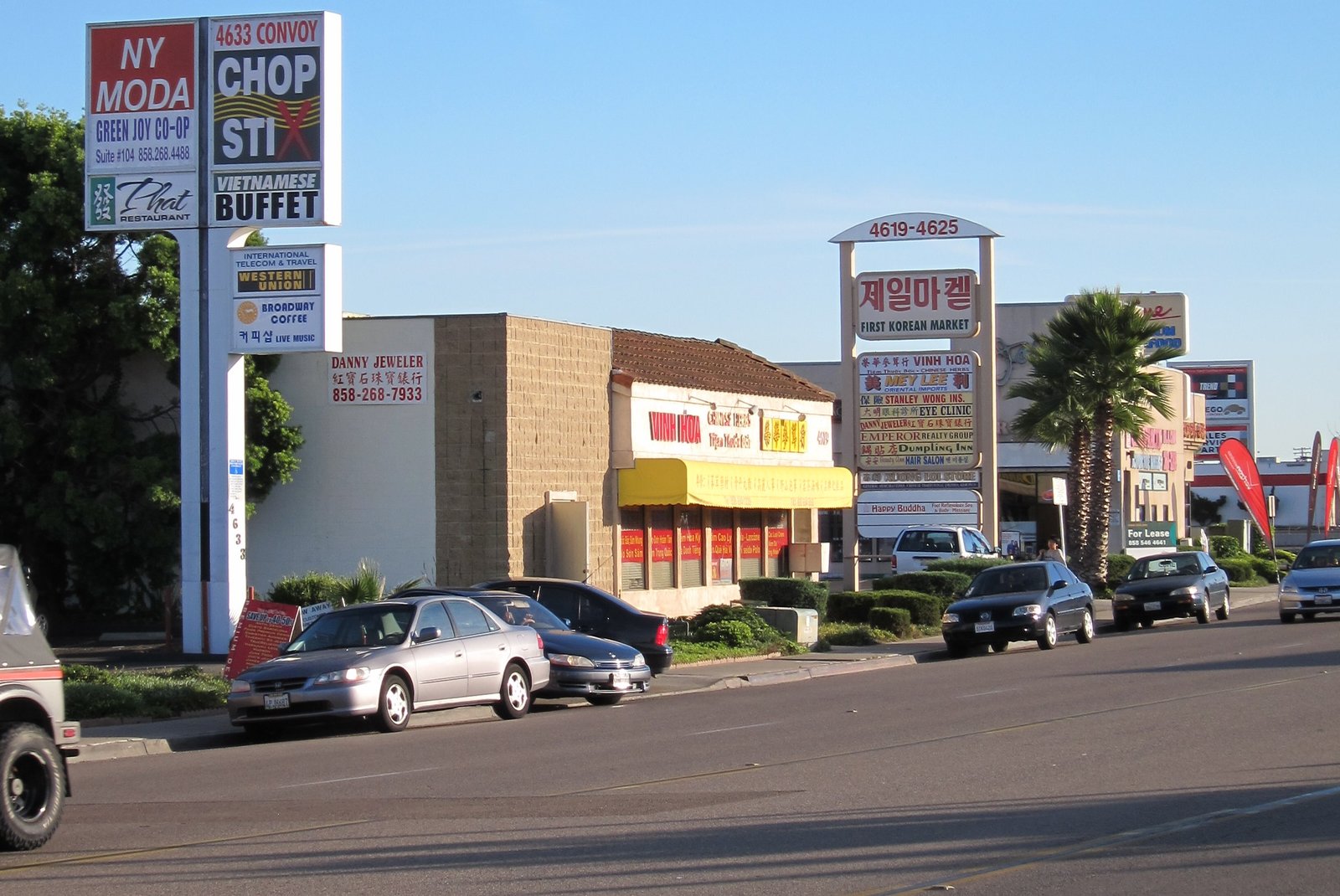 Convoy Street in Kearny Mesa San Diego showing Vietnamese and Korean storefronts and signage in the pan-Asian Convoy District