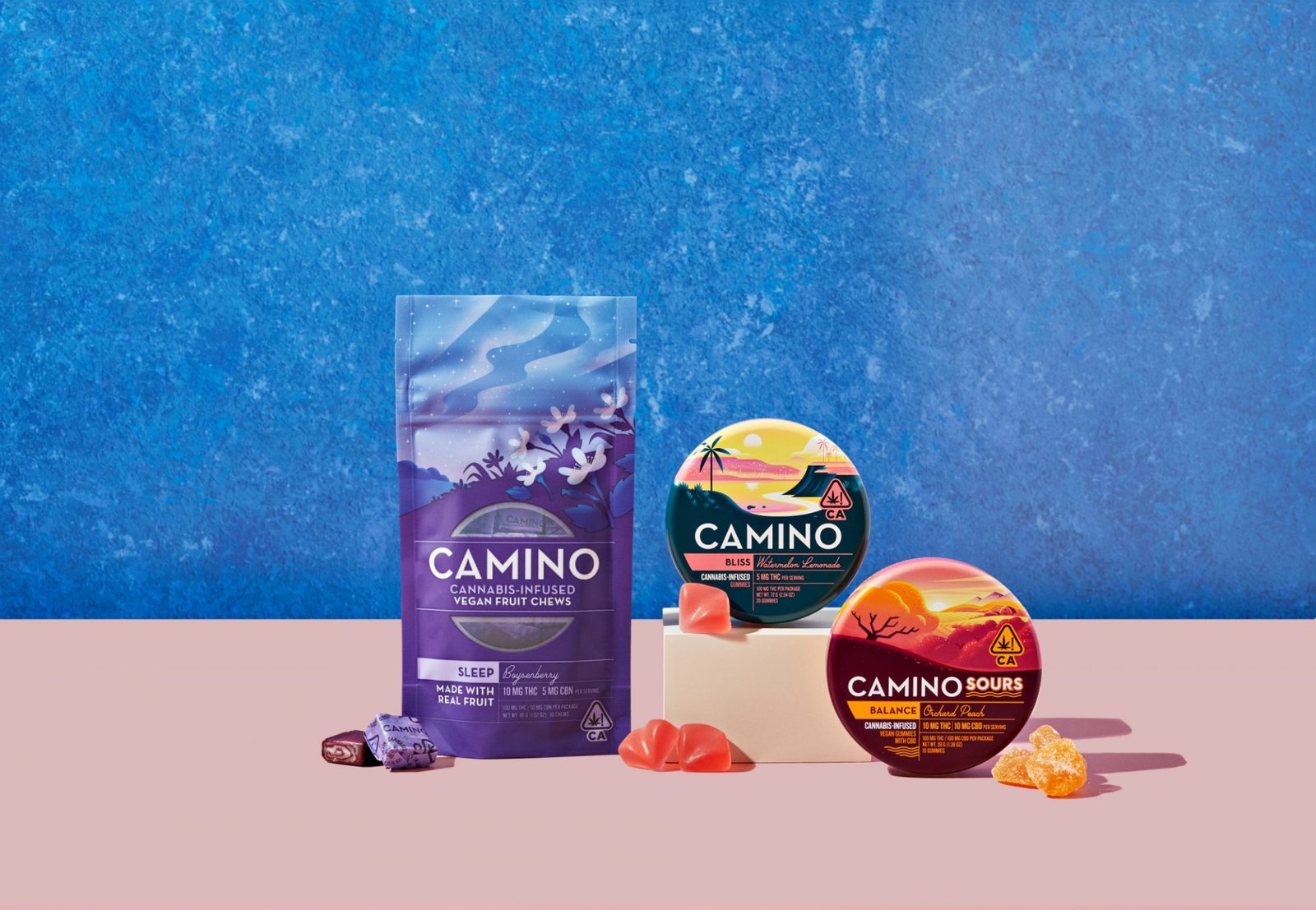 Kiva Camino cannabis-infused fruit chews pouch and Sours and Bliss gummy tins