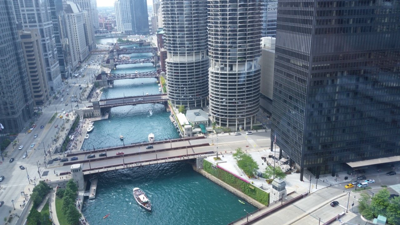Chicago River through River North with Marina City towers and downtown bridges, Ascend Cannabis River North dispensary neighborhood