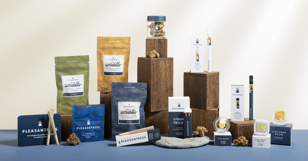 Pleasantrees Michigan cannabis products including flower jars, edibles, vapes, and concentrates