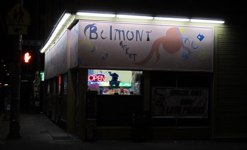 Belmont Market storefront sign in SE Portland on Belmont Street