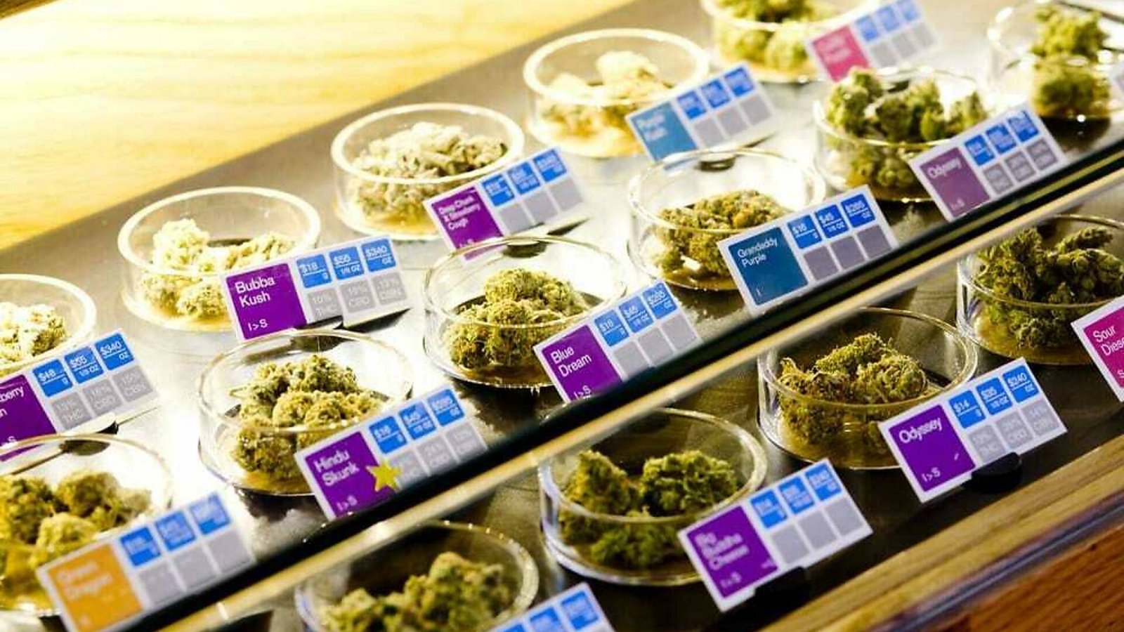 Cannabis flower display case at a SPARC dispensary on Mission Street in San Francisco