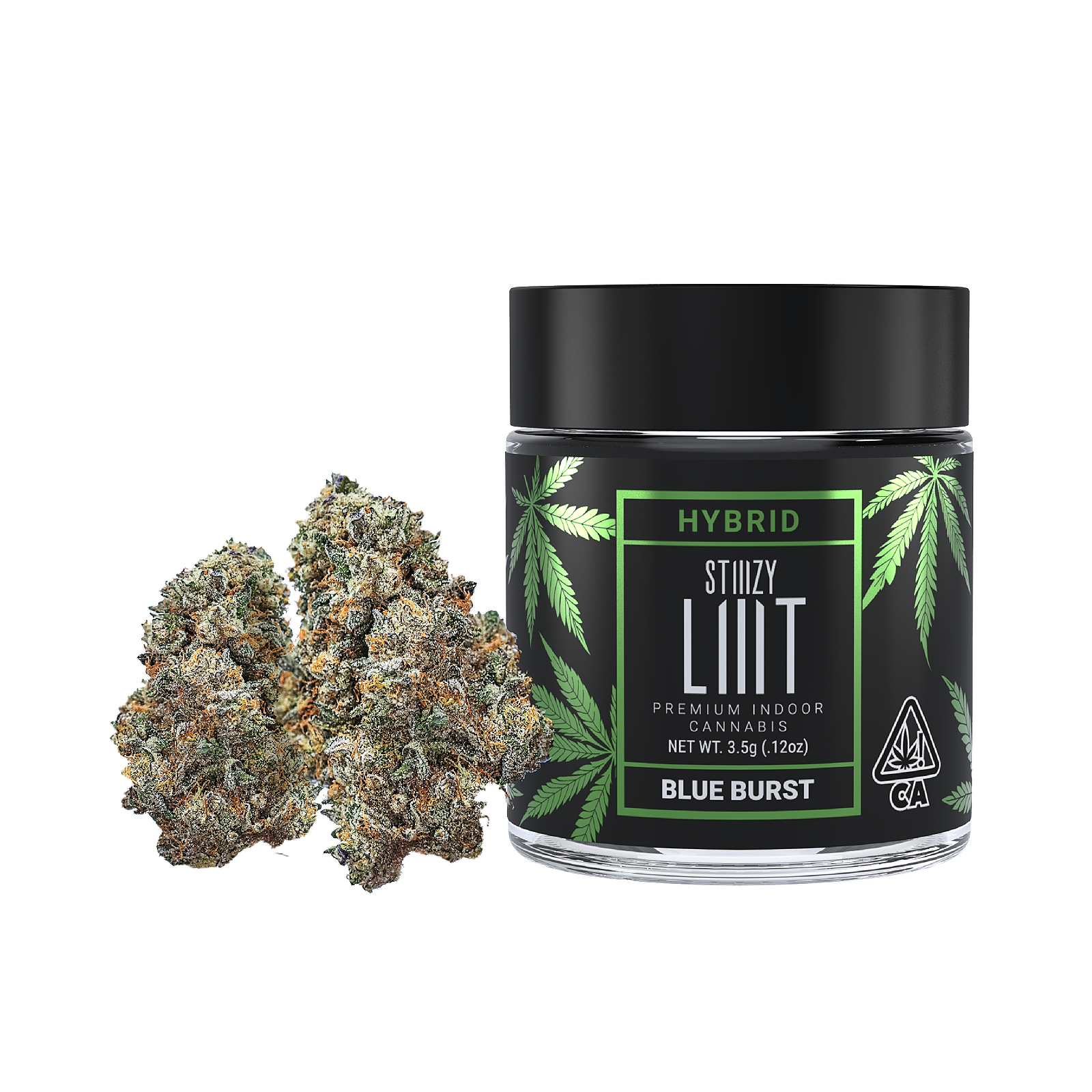 STIIIZY LIIIT 3.5g hybrid Blue Burst flower jar with cannabis bud beside it