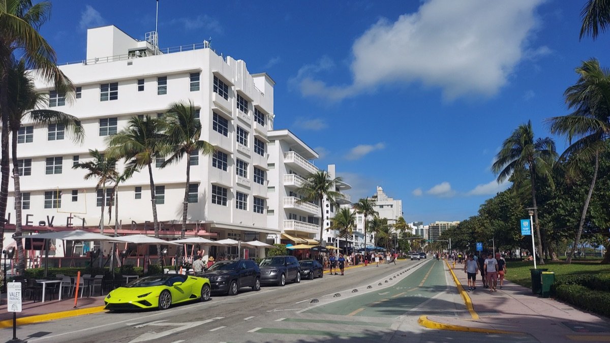 Ocean Drive in South Beach Miami Beach Florida with palm trees and Art Deco hotels two blocks east of Sunburn Cannabis on Alton Road