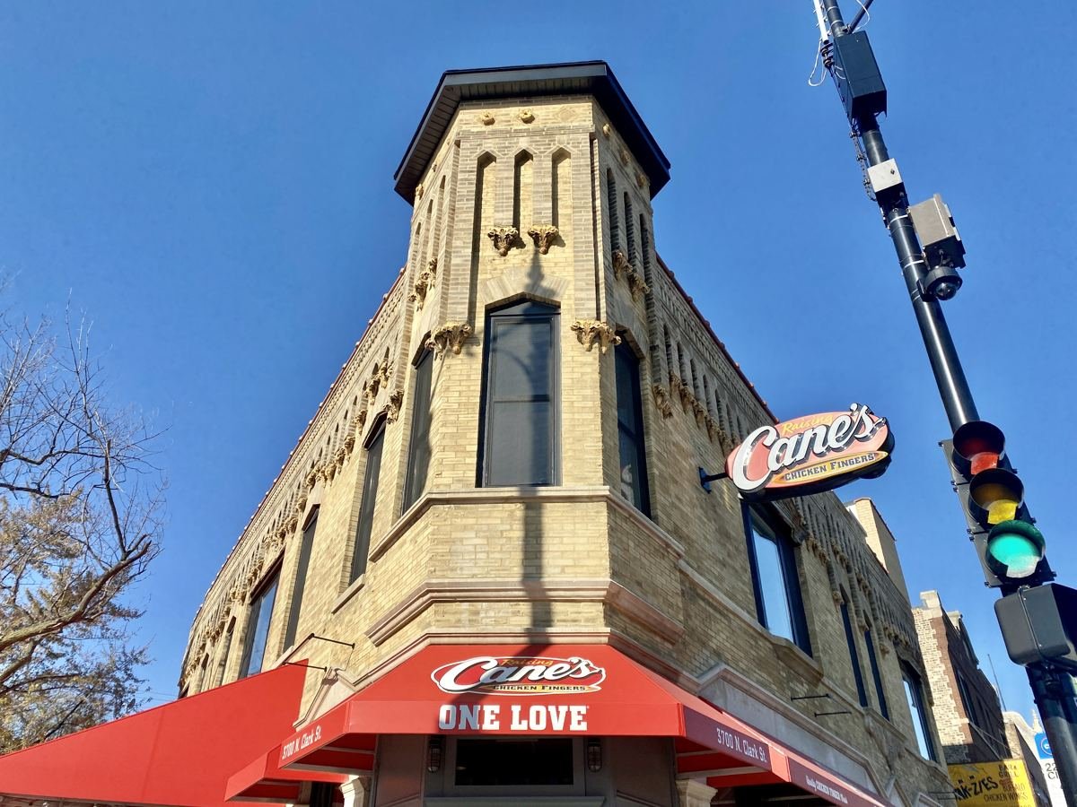 Brick Wrigleyville commercial building at North Clark Street and Waveland Avenue, two blocks from Sunnyside dispensary in Chicago Lakeview