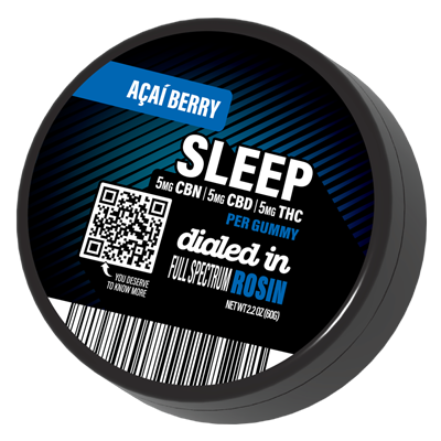 Dialed In Acai Berry Sleep tin listing 5mg CBN, 5mg CBD, and 5mg THC per gummy with a batch QR code on the label