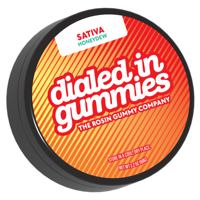 Dialed In sativa rosin gummies tin in orange sunburst packaging with a white Honeydew flavor flag