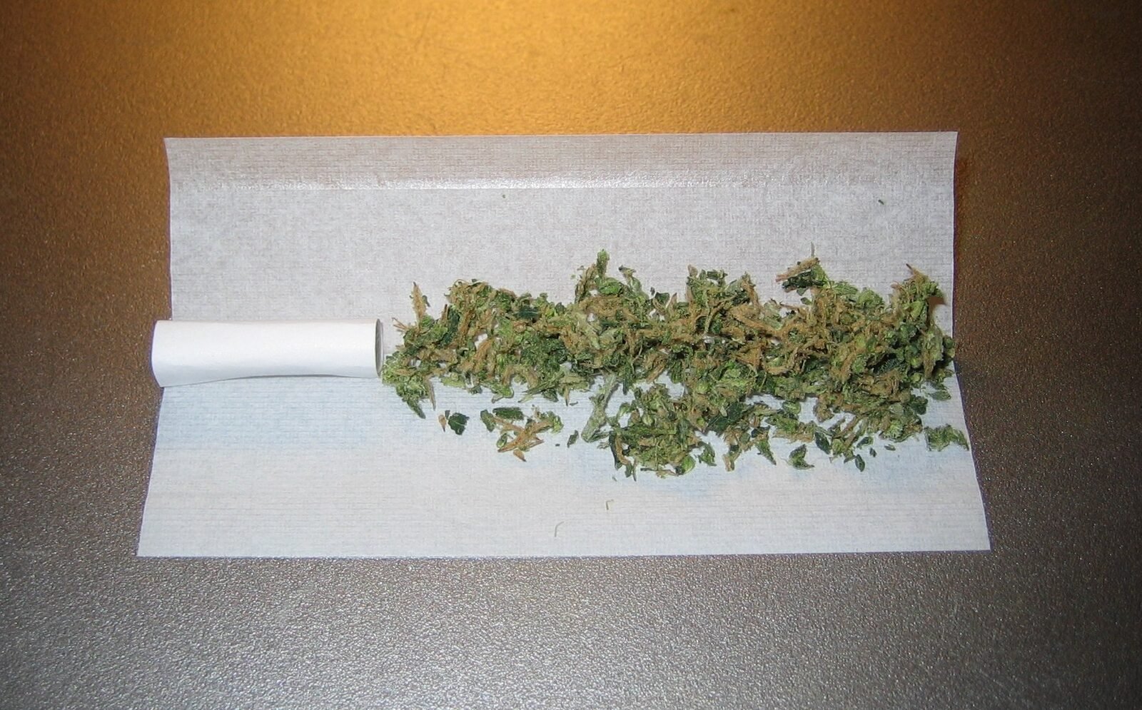 An unrolled cannabis joint showing the thin rolling paper and ground flower, the slow even burn printer paper cannot reproduce