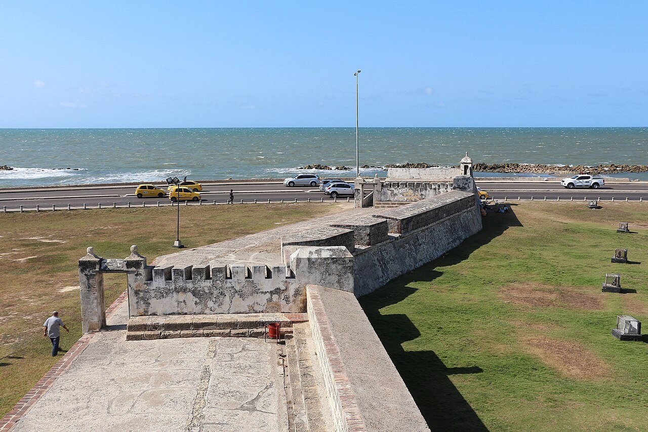 The stone colonial walls of Cartagena de Indias overlooking the Caribbean Sea