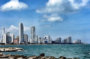 Skyline of Cartagena, Colombia, with the old walled city meeting the Caribbean Sea